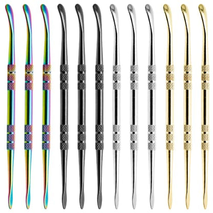 HARSKIYER 12Pcs Golden Silver Rainbow Black Steel Wax Carving Spoon Tools | Pointed Spoon-Shaped Dual Ends, Knurled Non-Slip Handle For Comfortable Grip, Rust-Proof Steel For Modeling Cutting Shaping - color: Golden & Silver & Rainbow & Black