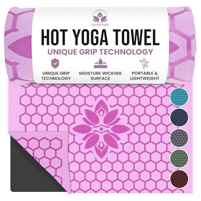 Clever Yoga Hot Yoga Mat Towel – Non-Slip Grip for Hot Yoga, Sweat Absorbent, Honeycomb Silicone Grip, Stays Flat – Ideal for Pilates, Travel, Washable & Lightweight - Lilac - color: Lilac