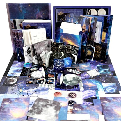 Diuhofart Star Trails Scrapbooking Kit, 128 Pcs Journal Set | Includes A6 notebook, galaxy papers, PET stickers, washi tape and ephemera for celestial journals, cards and memory books. - color: Star Trails Postman
