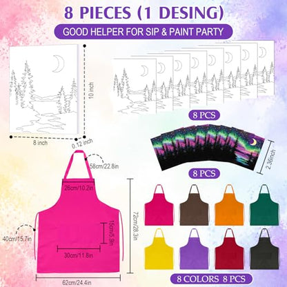 Cholemy 8 Set Paint and Sip Kit for Adults 8'' x 10'' Pre Drawn Canvas with Wooden Easels Acrylic Paint Brushes Wash Cup Palette Apron for Painting DIY Date Night Party Supplies (Moonlit Night) - style: Moonlit Night