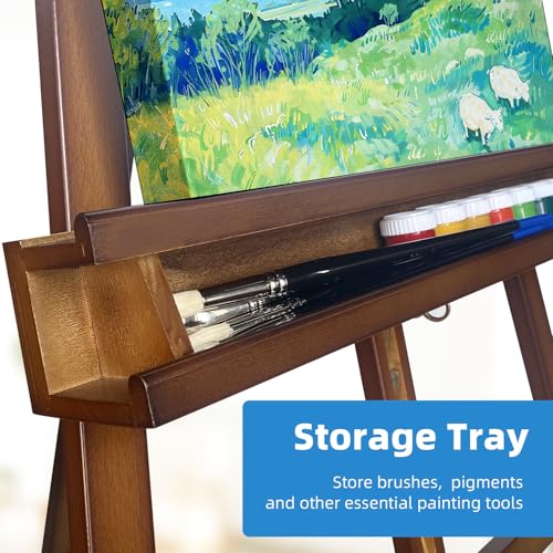 Large A-Frame Solid Beechwood Studio Easel for Painting | Adjustable Artist Easel with Storage Drawer, Display Easel Stand Holds Canvas Up to 48 Inches, Brown - style: Brown