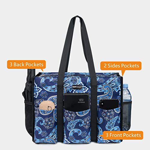 TOPDesign Utility Water Resistant Tote Bag with 13 Pockets, Zipper Closure - color: Blue Bandanna, size: Large