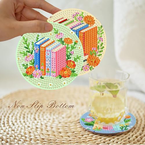 Mrnsiet 8PCS Books Diamond Art Coasters for Adults, DIY Books Wooden Coffee Diamond Painting Coasters with Holder, Non Slip Mosaic Dot Painting Coaster with Cork Pads for Beginners 4x4 Inch - color: BDWY417-US