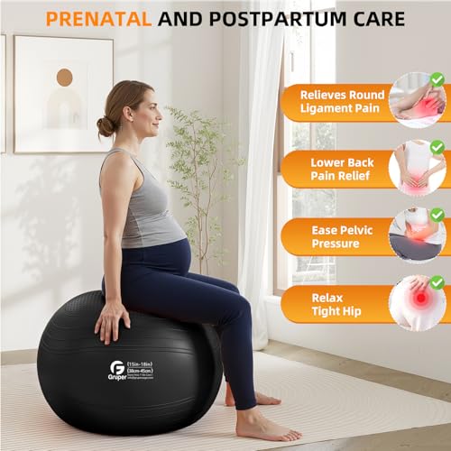 Gruper Yoga Ball, Extra Thick Non Slip Exercise Ball for Workout, Yoga, Pregnancy, 4 Sizes Anti Burst Chair for Home and Office, Includes Foot Pump & Fitness Guide - color: Black, size: 18 Inch (45cm),s