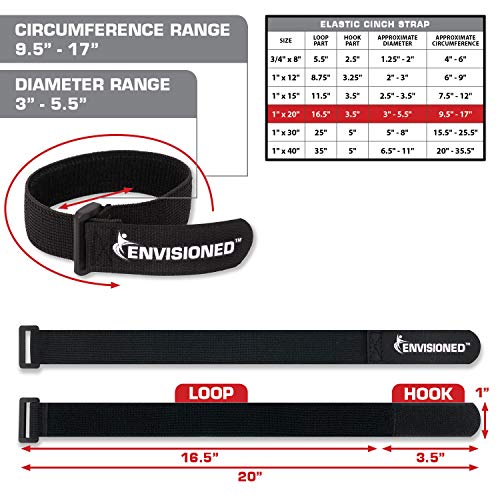 Elastic Reusable Cinch Straps 1"x20" - 10 Pack Hook and Loop - Plus 2 Free Bonus Reusable Cable Ties - size: 1" x 20"