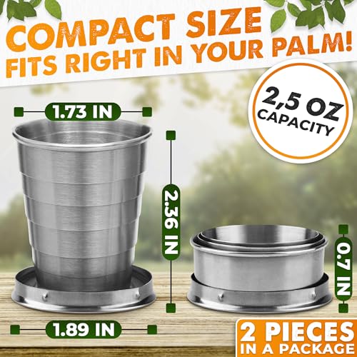 Collapsible Shot Glass with Lid - 2.5Oz (75ml) Stainless Steel Travel Shot Glasses, Rust & Bend Resistant, Keychain for Easy Portability - Collapsible Cups for Traveling, Fishing, Camping | Travel Shot Glasses; Rust-, Weather- and Bend-Resistant; Keychain