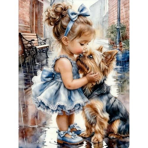 askkqtx Girl and Dog Diamond Art Kits for Adults 12x16 Inch | Cute Diamond Painting Kits for Beginners, DIY 5D Round Full Drill Crystal Rhinestone Dots Gem Art Craft Home Decor - color: G9567