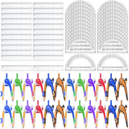 72 Pack Math Compass & Protractor Geometry Math Plastic Ruler Set | Drawing Compass with Pencils 6 Inch Plastic Protractor for Geometry Bulk for Office Woodworking Art Drawing - style: 72 Pack