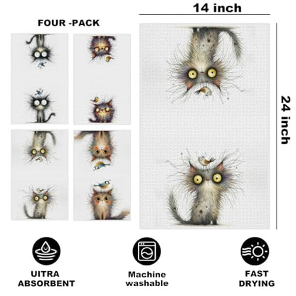 4 Pcs Funny Bird Cat Kitchen Towels, Cute Cats Gifts Reusable Hand Towels02 - color: Multi 1621