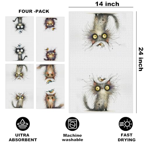 4 Pcs Funny Bird Cat Kitchen Towels, Cute Cats Gifts Reusable Hand Towels02 - color: Multi 1621
