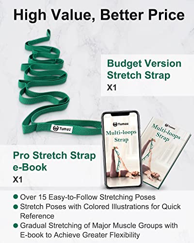 Tumaz Stretching Strap, 10-Loop Non-Elastic Yoga Strap | Designed for stretching, yoga, Pilates and rehab with 10 loops, durable webbing and a longer 79-inch design - color: Green Lite