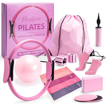 14-Piece Pink Pilates Kit for Women - Ring, Ball, Bands & Blocks | Magic circle, 9.8" ball, 5 bands, sliders, yoga blocks, ankle weights, grip socks, pump, carry bag — pilates home kit
