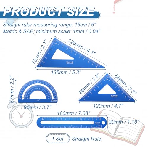 HARFINGTON 4pcs Triangular Ruler Set 15cm/6" Aluminum Alloy Straight Geometric Protractor Triangle Engineering Scale Drafting Ruler Kit Measuring Drawing Tool for Classroom Office Home, Blue - color: Blue