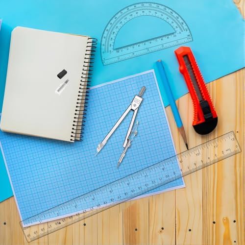 3 Pcs Clear Protractor and Compasses Set, Plastic Clear Ruler 12 Inch | Professional Geometry Set, 6 Inch Protractor ,Durable Transparent Drawing Measuring Rulers for School Office