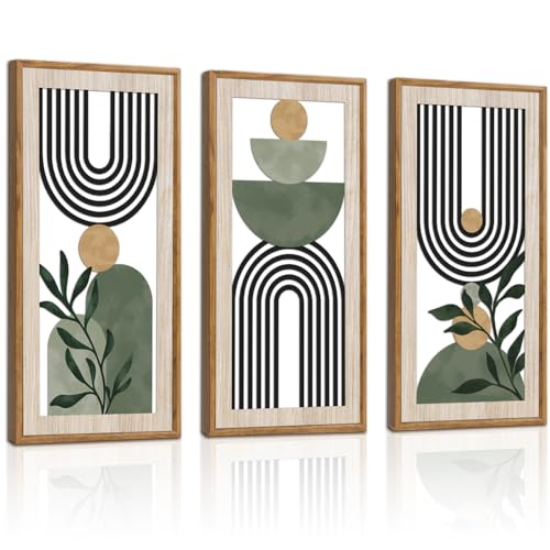 HPNIUB 3 PCS Boho Sage Green Wall Decor, Minimalist Mid Century Geometric Line Hanging Wood Sign for Living Room, 8x16Inch Modern Botanical Leaf Wooden Plaque for Apartment Bedroom Office Decoration - color: Geometric Line Wooden Wall Art
