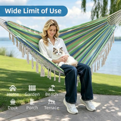 Portable Double Hammock, Hanging Hammock with Tassels 2 Person Patio Hammock for Backyard & Indoor Relaxation, Soft Breathable Fabric, Easy Setup with Straps & Carry Bag, 360 lbs Capacity - color: Green Stripe