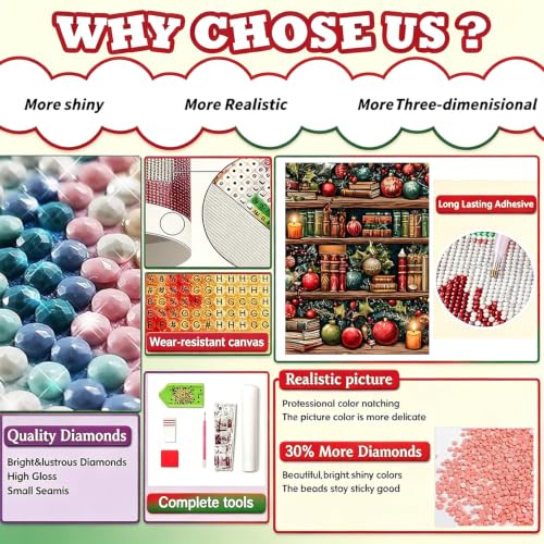 Chritsmas Diamond Painting Kits for Adults, Bookshelf Diamond Art for Adult | Full Round Drill Paint by Diamond, Christmas Diamond Art Painting, Gem Arts and Crafts for Adults Beginners 12x16 Inch - color: Bookshelf
