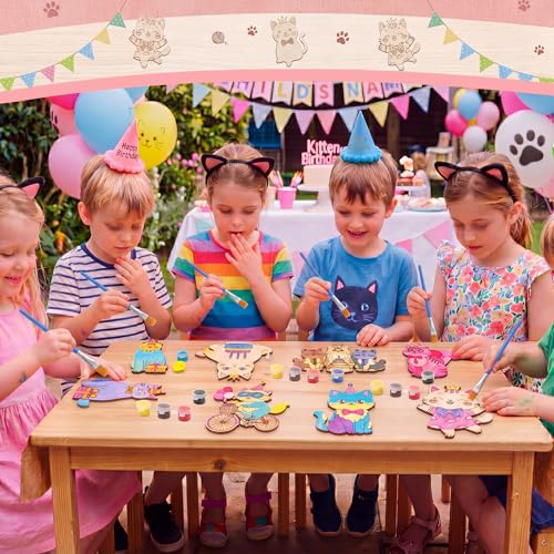 Saypacck 24 Pcs Cat Party Favors Wooden Paint Craft Kits | Cute Cat Designs, Includes Paints Brush Bag, For Girls Cowgirl Theme Goodie Bag Fillers, DIY Thank You Gifts - style: Cat