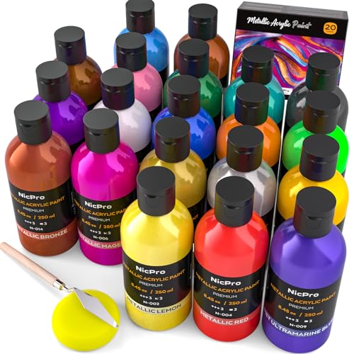 Nicpro 20 Colors Metallic Acrylic Paint Set, Pearlescent Acrylic Paint | 8.45oz/250ml Each, Non Toxic Non Fading Craft Paint for Wood, Clay, Metal, Canvas, Furniture, Handcraft, Model, Art Supplies - color: 20 Metallic Colors