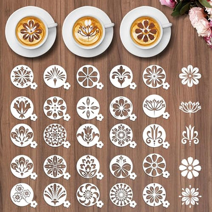 Sitsink Mandala Flower Coffee Stencils - 25 Pcs Stencils for Cookies Sourdough Bread Decor, Reuable Template for Crafts Floral Design - style: flower coffee