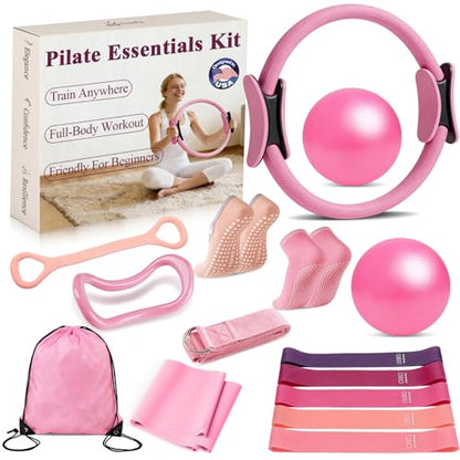 Pilates Ring and Small Ball Set for Women with 5 Resistance Bands, 14 inch Magic Circle Home Workout Essentials Starter Kit for Beginners, Yoga Sets for Full Body Toning Shape