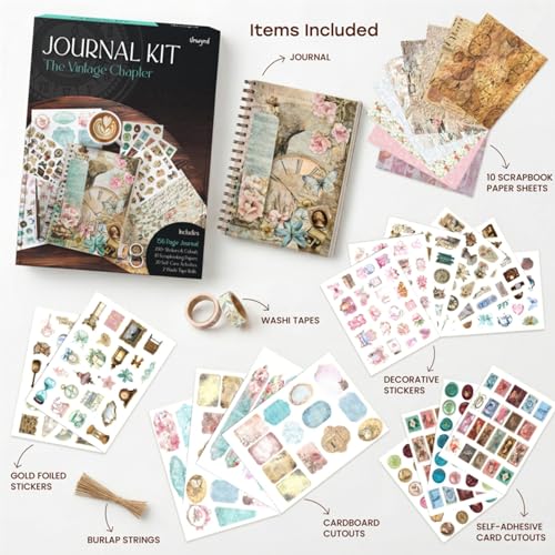 Unwynd Vintage Chapter Journal Scrapbook Starter Kit for Women Adult Teen | Junk Scrapbook Supplies - Washi Tape, Stickers, Paper, Bullet Art, DIY Journaling Scrapbooks Set - Calligraphy & Sumi Brushes