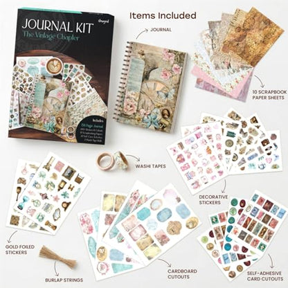 Unwynd Vintage Chapter Journal Scrapbook Starter Kit for Women Adult Teen | Junk Scrapbook Supplies - Washi Tape, Stickers, Paper, Bullet Art, DIY Journaling Scrapbooks Set - Calligraphy & Sumi Brushes