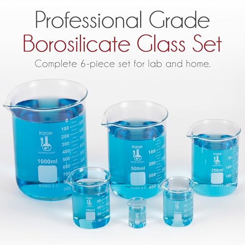 Karter Scientific, 3.3 Boro, Griffin Low Form, Glass Beaker Set - 6 Sizes - 10ml, 50ml, 100ml, 250ml, 500ml, 1000ml - size: 6-Piece Set, style: Pack of 6