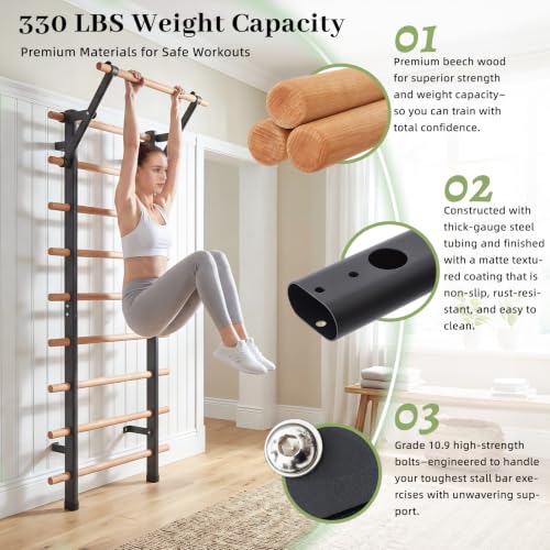 DHT Wood Stall Bar, Swedish Ladder Suspension Trainer with 9 Strategic Rods, for Home, Gym, School and Clinics, Black - color: WA2