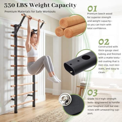 DHT Wood Stall Bar, Swedish Ladder Suspension Trainer with 9 Strategic Rods, for Home, Gym, School and Clinics, Black - color: WA2