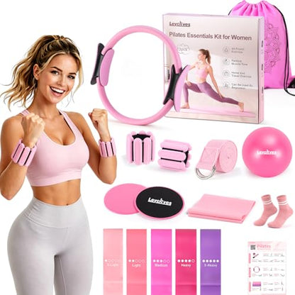 Home Pilates Workout Kit for Women with Guide Video, 12" Pilates Ring and Ball Set, Resistance Bands, Ankle Weight Accessories Workout Essentials Starter Kit for Beginners 28-Day Challenge