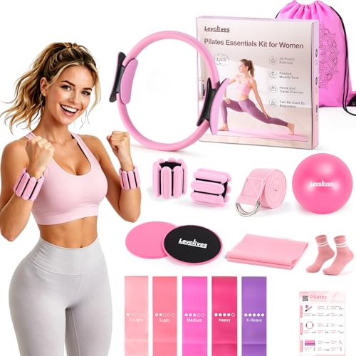 Home Pilates Workout Kit for Women with Guide Video, 12" Pilates Ring and Ball Set, Resistance Bands, Ankle Weight Accessories Workout Essentials Starter Kit for Beginners 28-Day Challenge