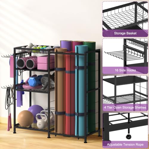 Yoga Mat Holder 4 Tier Home Gym Storage Rack with Hooks and Basket, Metal Sports Equipment Organizer for Dumbbells, Kettlebells, Exercise Balls and Sports Gear, Black