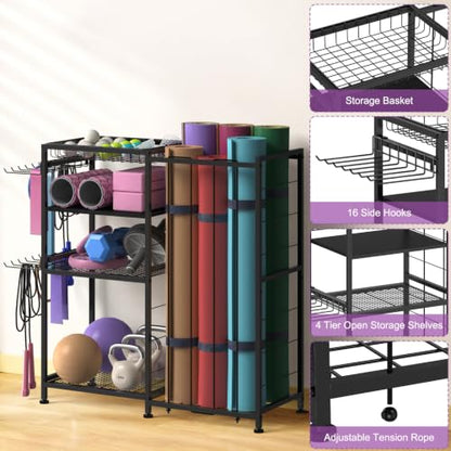 Yoga Mat Holder 4 Tier Home Gym Storage Rack with Hooks and Basket, Metal Sports Equipment Organizer for Dumbbells, Kettlebells, Exercise Balls and Sports Gear, Black