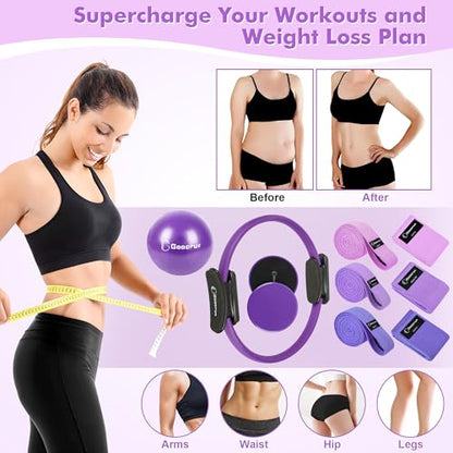 Goocrun Pilates Ring Set Exercise Equipment, with Exercise Resistance Bands Set, Pilates Ball, Sliding Disks. Portable Home Gym - with Fitness Guide Poster - color: Purple, size: Mid-level