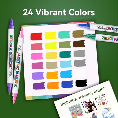 24 Colors Dual Tip Acrylic Paint Markers Set, Fine Tip and Brush Tip | Contain 10 Pages Coloring Paper, Perfect For Rocks, Wood, Canvas, Fabric, Glass, DIY Crafts, Classroom & School Supplies