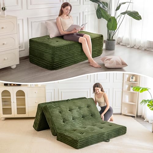 MAXYOYO Folding Sofa Couch Bed, 6 Inch Tri-Fold Floor Sofa Bed, Folding Mattress with Handles, Soft Faux Fur Folding Bed with Supportive Foam Filling, Portable Couch for Living Room, Twin, Dark Green - color: Dark Green, size: Twin