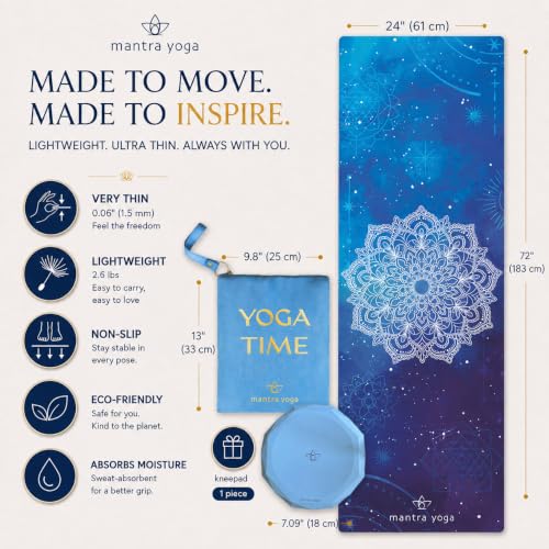 Mantra Yoga Travel PRO 1.5mm with Knee Pad - Foldable Fitness & Exercise Mat with Bag | Lightweight, Compact & Eco-Friendly | Non-Slip & Washable | For All Types of Yoga | 72" L x 24" W | 2.6 lbs - color: Blue Mandala