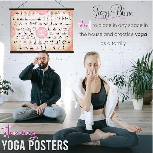 JAZZY BLANC Yoga Poses Poster with Magnetic Frame – 36 x 24-inch Premium Yoga Poster – Waterproof Yoga Poster – Yoga Accessories – Yoga Wall Art with 77 Yoga Poses and Stretches. (Pink)