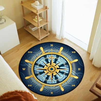 keepcute Compass Nautical Round Rug 5ft, Washable Non-Slip - color: Gold Compass Rose, size: 5' (Round)