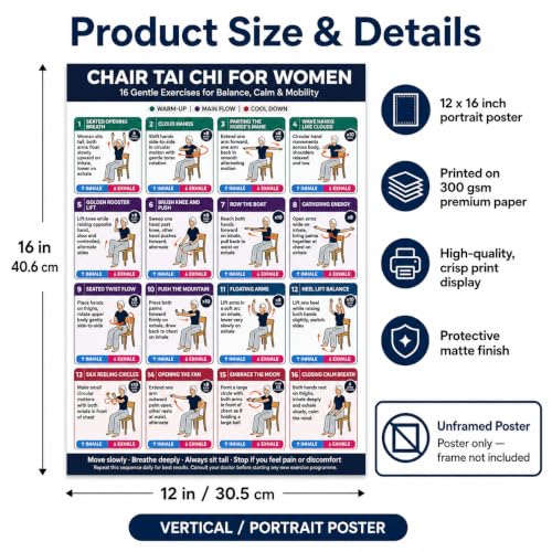 Chair Tai Chi Workout Chart for Women & Seniors, 16 Gentle Seated Exercises for Beginners, Home Exercise Guide to Improve Balance, Calm, Mobility & Flexibility, Wellness Gift for Mom & Grandma, 12 x 16 Inch Unframed