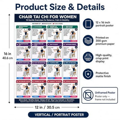 Chair Tai Chi Workout Chart for Women & Seniors, 16 Gentle Seated Exercises for Beginners, Home Exercise Guide to Improve Balance, Calm, Mobility & Flexibility, Wellness Gift for Mom & Grandma, 12 x 16 Inch Unframed