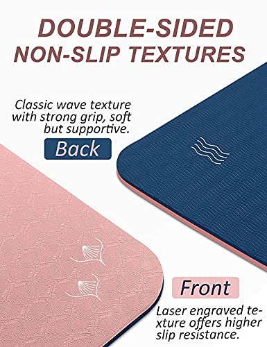 BEAUTYOVO Yoga Mat with Strap, 1/3 Inch Extra Thick Yoga Mat Double-sided Non Slip, Professional TPE Yoga Mats for Women Men, Workout Mat for Yoga, Pilates and Floor Exercises - color: Cherry Pink & Navy Blue
