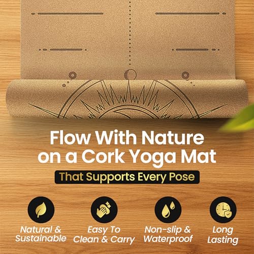 Cork Yoga/Excercise Mat with Carrying Strap | 72in x 26in | 5mm Thick | Luxury | Eco-Friendly | Non-Slip & Water Absorbent | Alignment and Pose Markers | Laser Engraved Design | Pilates
