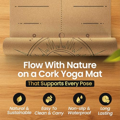 Cork Yoga/Excercise Mat with Carrying Strap | 72in x 26in | 5mm Thick | Luxury | Eco-Friendly | Non-Slip & Water Absorbent | Alignment and Pose Markers | Laser Engraved Design | Pilates