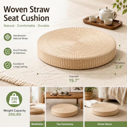 19.7" Round Tatami Floor Pillow, Handwoven Natural Straw Seat | Artisan Crafted, EPE Filling, Comfortable Support, Boho, Lightweight, for Livng Room Meditation Reading Nook Patio - size: 19.7''
