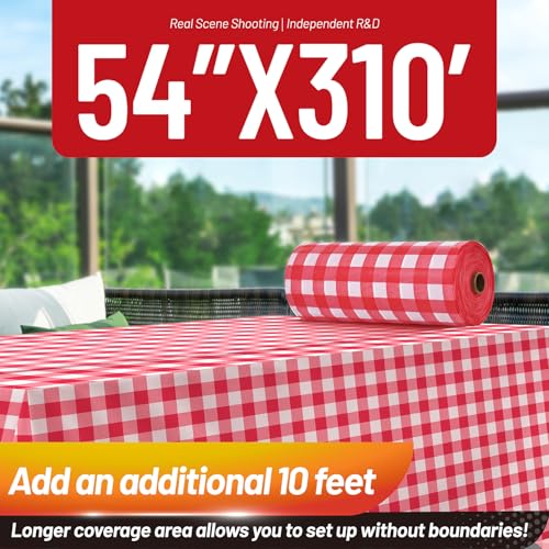 Plastic Table Cloth, 310 Ft X 54 In Plastic Table Cover Gingham Tablecloth | Red and White Checkered Tablecloth Roll with Cutter PEVA Plastic Table Cloth Disposable for Backyard BBQ, Gathering, Buffet - color: Red Checkered, size: 3720" x 54" (Rectangular
