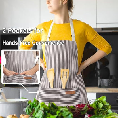 BeLuyi Adjustable Bib Apron with 2 Pockets Chef Cooking Kitchen Restaurant Aprons for Women Men - color: Brown Stripes