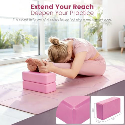 Foldable Non-Slip Yoga Mat and Blocks Set for Women, 9-Pcs Yoga Starter Kit - color: Pink