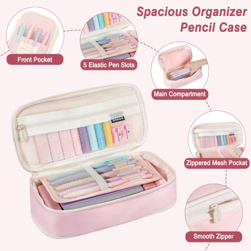 MoKo Pencil Case with Supplies, 59Pcs Aesthetic School Set, Pink | Includes gel pens, wooden and mechanical pencils, 0.5 and 0.7 mm refills, highlighters, erasers and sharpeners. - color: Pink-59P